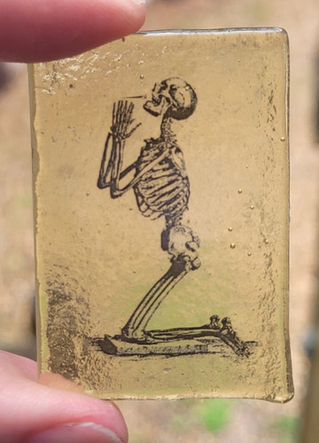Stained glass skeleton praying - glass,
